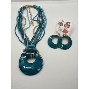 Coiris Blue Turquoise Shell Bead Multistrand Necklace With Matching Earrings